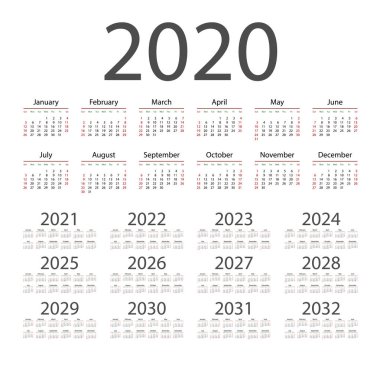 English calendar for years 2020-2032, week starts on Sunday vector