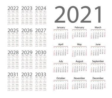 Yıl 2021-2033 için İngilizce takvimi, hafta Pazar günü başlar