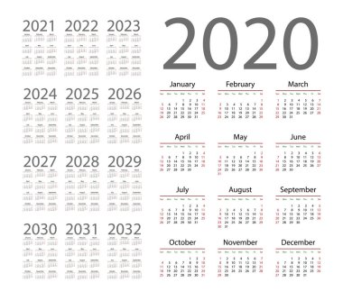 English calendar for years 2020-2032, week starts on Sunday clipart