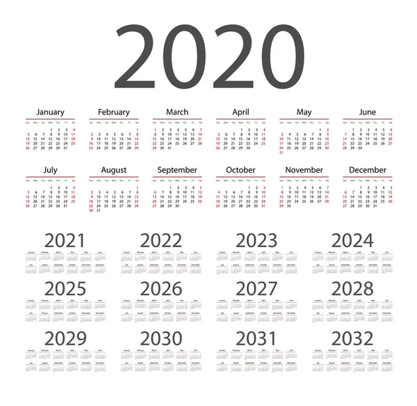 Calendario Inglés para los años 2020-2032, la semana comienza el domingo — Vector de stock