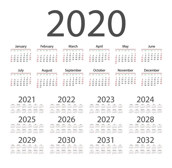 Yıl 2020-2032 için İngilizce takvimi, hafta Pazar günü başlar