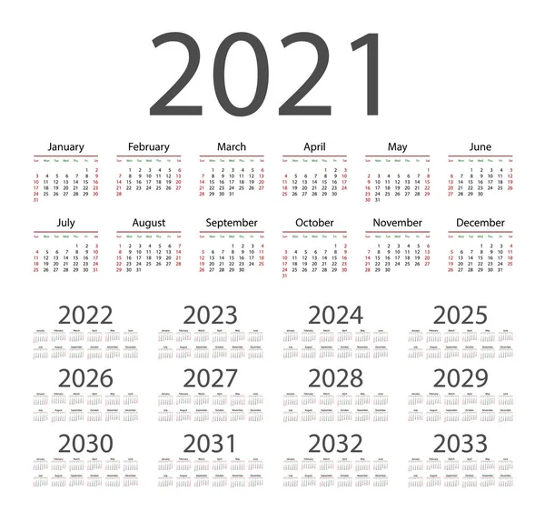 Calendario Inglés para los años 2021-2033, la semana comienza el domingo — Vector de stock