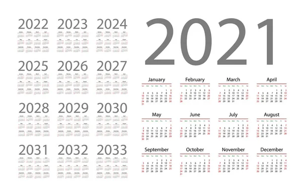 Calendario Inglés para los años 2021-2033, la semana comienza el domingo — Vector de stock