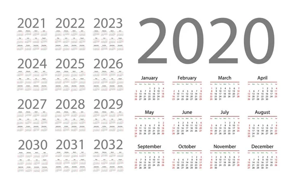 Calendario Inglés para los años 2020-2032, la semana comienza el domingo — Vector de stock