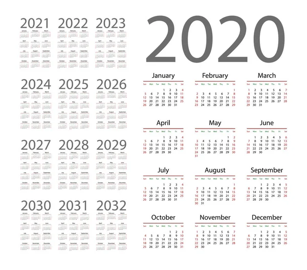 English calendar for years 2020-2032, week starts on Sunday Royalty Free Stock Illustrations