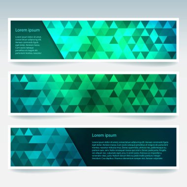 İş tasarım şablonları ile soyut banner. Afiş kümesi poligonal mozaik arka planlar ile. Geometrik üçgen vektör çizim. Yeşil, mavi renklerini.