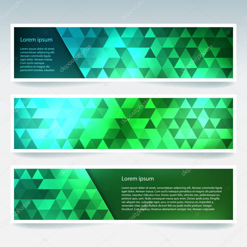 Horizontal banners set with green polygonal triangles. Polygon background, vector illustration