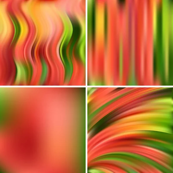 Set of four square backgrounds. Abstract vector illustration of colorful background with blurred light lines. Curved lines. Red, orange, green colors. — Stock Vector