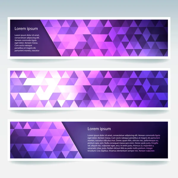 Horisontella banners med månghörnigt trianglar. Polygon bakgrund, vektorillustration. Rosa, lila färger. — Stock vektor