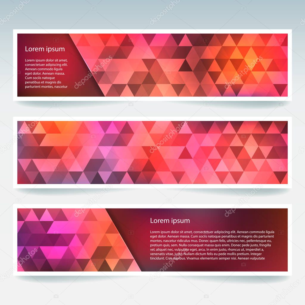 Abstract banner with business design templates. Set of Banners with polygonal mosaic backgrounds. Geometric triangular vector illustration. Pink, orange colors.