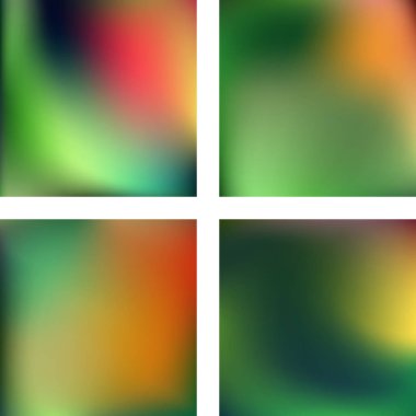 Soyut bulanık arka planlarla ayarlayın. Vektör illüstrasyon. Modern geometrik fon. Soyut şablon. Yeşil, sarı, turuncu renkler.