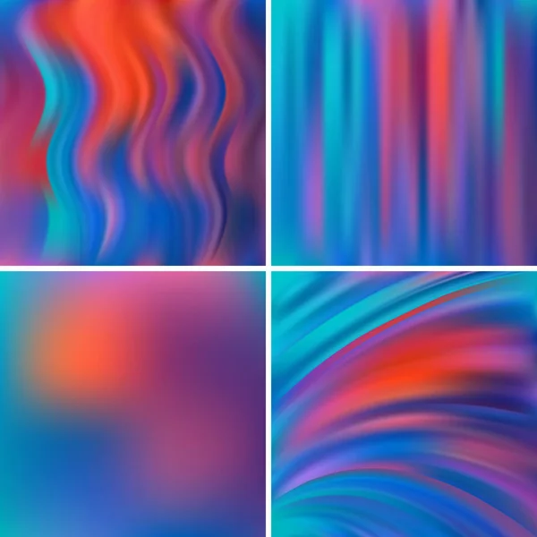 Abstracte vector illustratie van kleurrijke achtergrond met wazig lichtlijnen. Set van vier vierkante achtergronden. Gebogen lijnen. Blauw, roze, oranje kleuren. — Stockvector