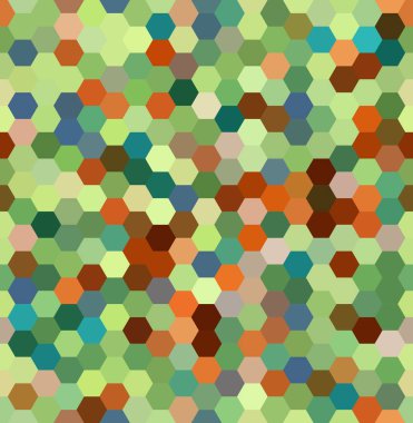 Dikişsiz soyut mozaik arka plan. Altıgenler geometrik arka plan. Tasarım öğeleri. Vektör illüstrasyon. Yeşil, mavi, kahverengi renkler.