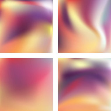 Soyut bulanık arkaplanlarla ayarlanmış. Vektör çizimi. Modern geometrik arka plan. Soyut şablon. Sarı, turuncu, mor renkler.