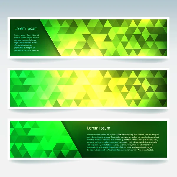 Banner astratto con modelli di business design. Set di striscioni con sfondi a mosaico poligonale. Illustrazione vettoriale triangolare geometrica. Giallo, colori verdi . — Vettoriale Stock
