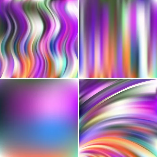 Set of four square backgrounds. Abstract vector illustration of colorful background with blurred light lines. Curved lines. Pink, blue, white colors. — Stock Vector