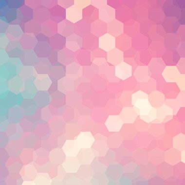 Pastel pembe, turuncu, sarı, yeşil altıgenlerden oluşan soyut arka plan. İş sunumları veya web şablonu afiş el ilanı için geometrik tasarım. Vektör çizimi