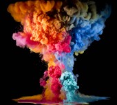 Картина, постер, плакат, фотообои "colorful rainbow paint drops from above mixing in water. ink swirling underwater", артикул 296904494