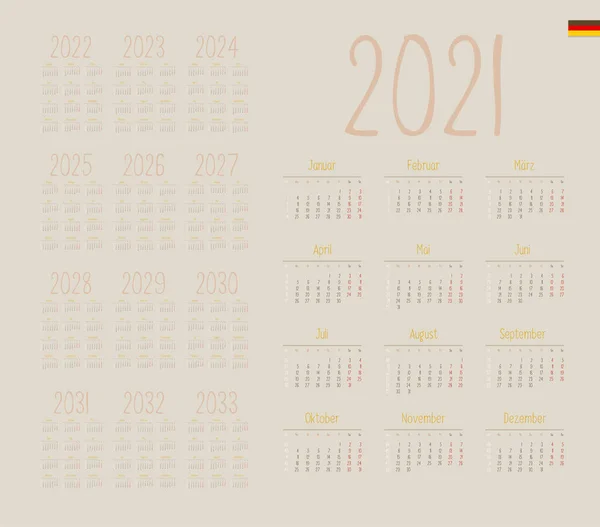 Tysk Kalender För 2021 Veckan Börjar Måndag — Stock vektor