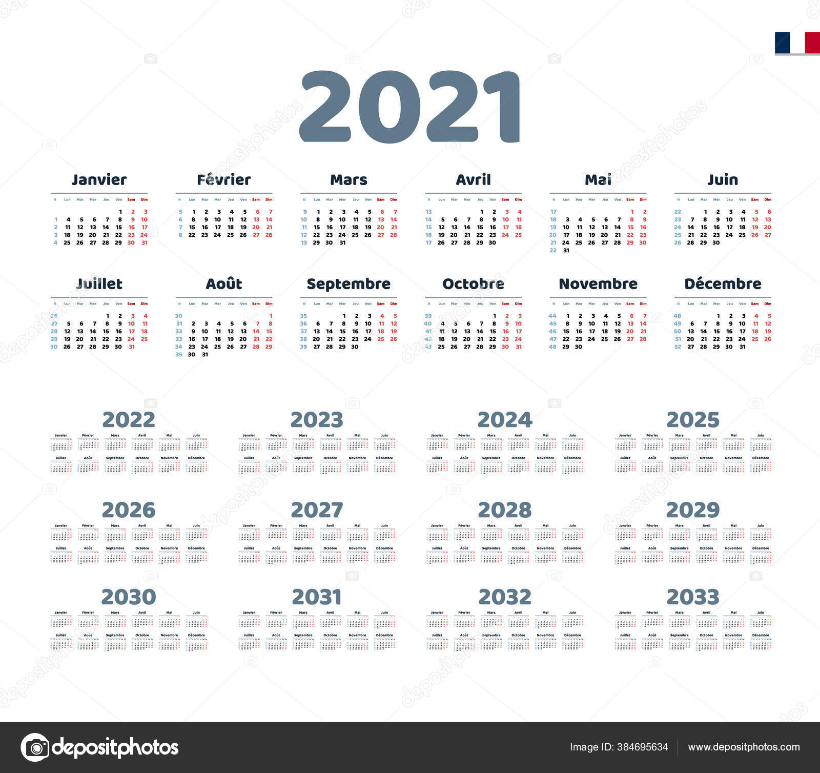 French Calendar 2021 2033 Week Starts Monday Stock Vector C Tashechka 384695634