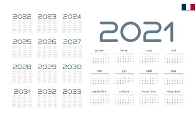 French Calendar for 2021-2033. Week starts on Monday vector