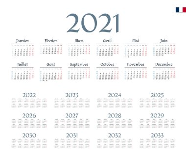 French Calendar for 2021-2033. Week starts on Monday vector