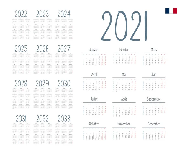 Calendario Francés Para 2021 2033 Semana Comienza Lunes — Vector de stock