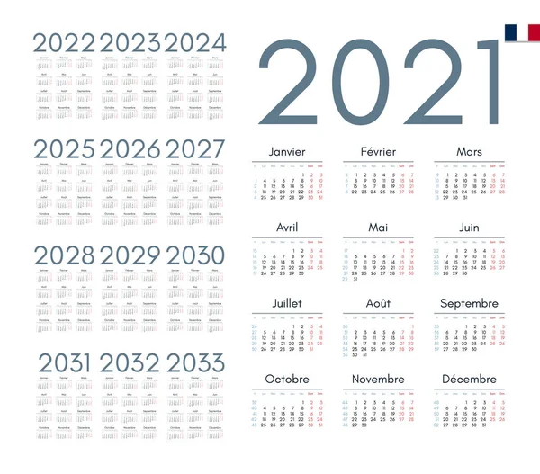 Calendario Francés Para 2021 2033 Semana Comienza Lunes — Vector de stock