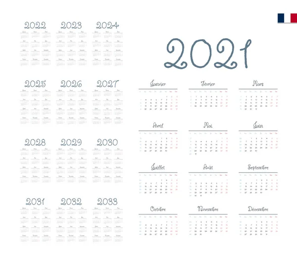 Calendario Francés Para 2021 2033 Semana Comienza Lunes — Vector de stock