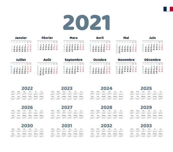 Calendario Francés Para 2021 2033 Semana Comienza Lunes — Vector de stock