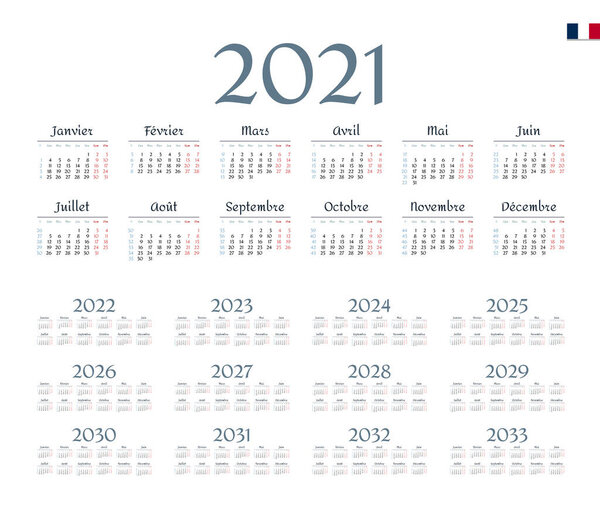 Французский календарь на 2021 - 2033 годы. В понедельник начинается неделя
