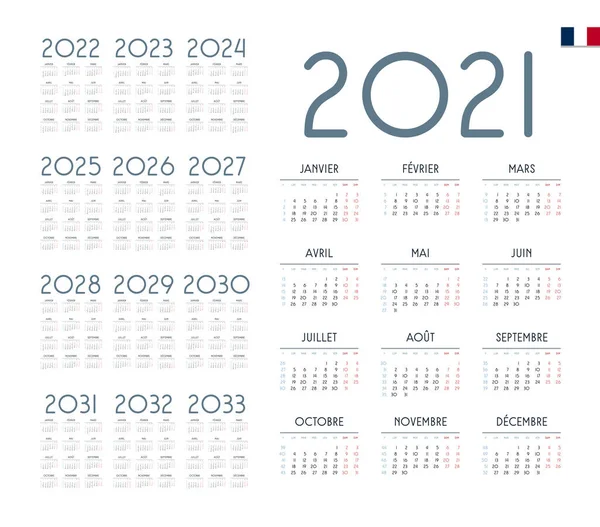 Calendario Francés Para 2021 2033 Semana Comienza Lunes — Vector de stock
