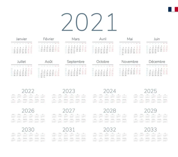 Calendario Francés Para 2021 2033 Semana Comienza Lunes — Vector de stock