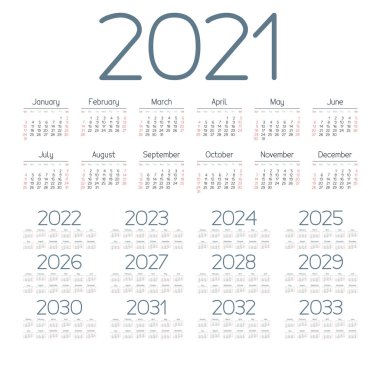 English calendar for years 2021-2033, week starts on Sunday vector