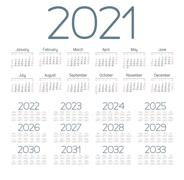 English Calendar Years 2021 2033 Week Starts Sunday Stock Illustration