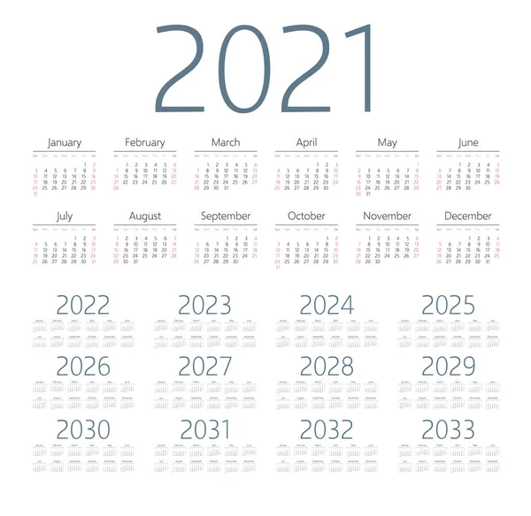 Engels Kalender Voor Jaren 2021 2033 Week Start Zondag — Stockvector