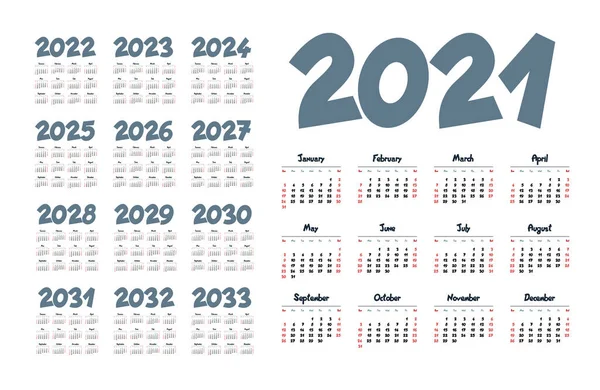 Engelsk Kalender Årene 2021 2033 Uke Starter Søndag – stockvektor