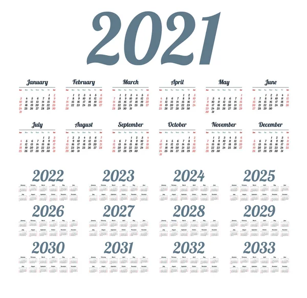 English calendar for years 2020-2032, week starts on Sunday Stock Vector by  ©tashechka 253940280