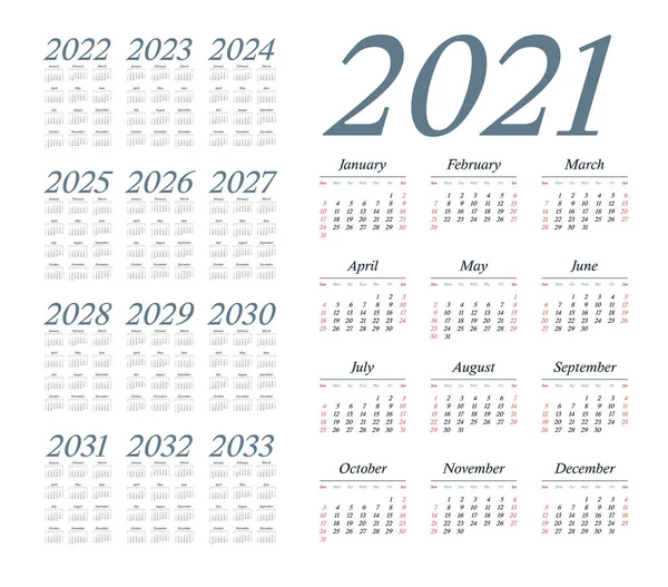 Calendario Inglés Para Los Años 2021 2033 Semana Comienza Domingo — Vector de stock