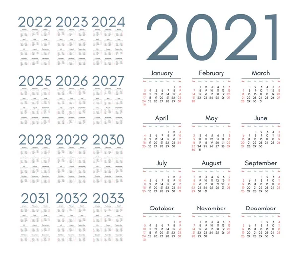 Calendario Inglés Para Los Años 2021 2033 Semana Comienza Domingo — Vector de stock