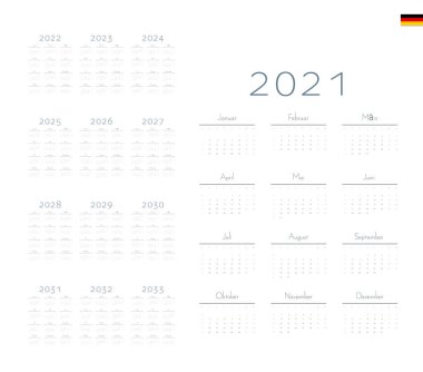 German Calendar for 2021-2033. Week starts on Monday vector