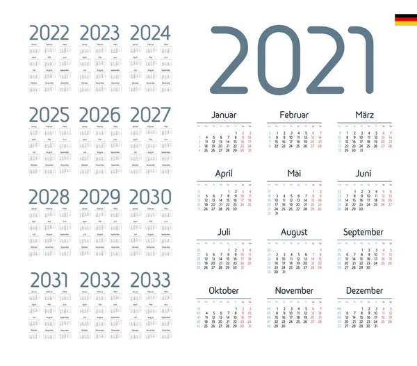 Tysk Kalender För 2021 2033 Veckan Börjar Måndag — Stock vektor