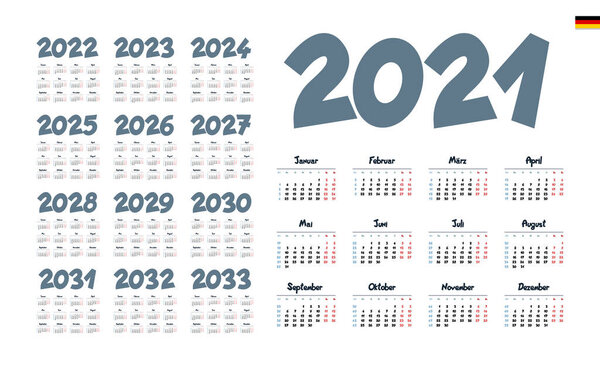 German Calendar for 2021 - 2033. В понедельник начинается неделя
