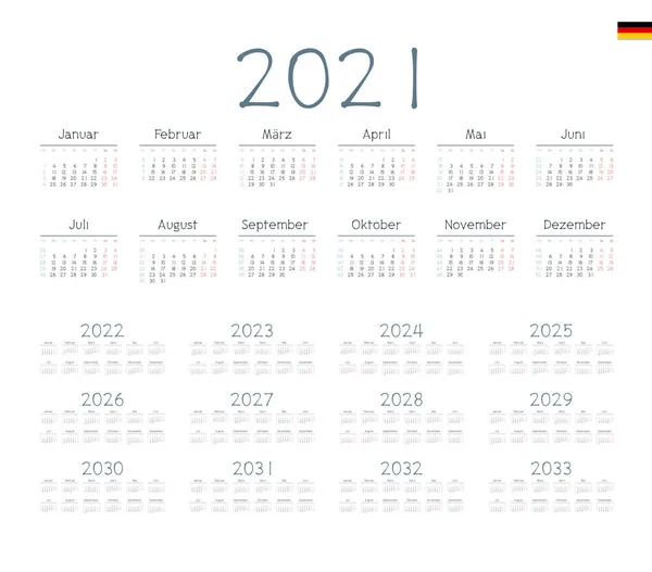 Calendario Alemán Para 2021 2033 Semana Comienza Lunes — Vector de stock