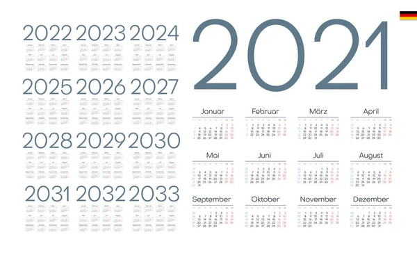 Calendario Alemán Para 2021 2033 Semana Comienza Lunes — Vector de stock