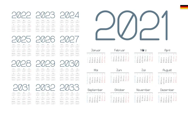 German Calendar 2021 2033 Week Starts Monday — Stock Vector