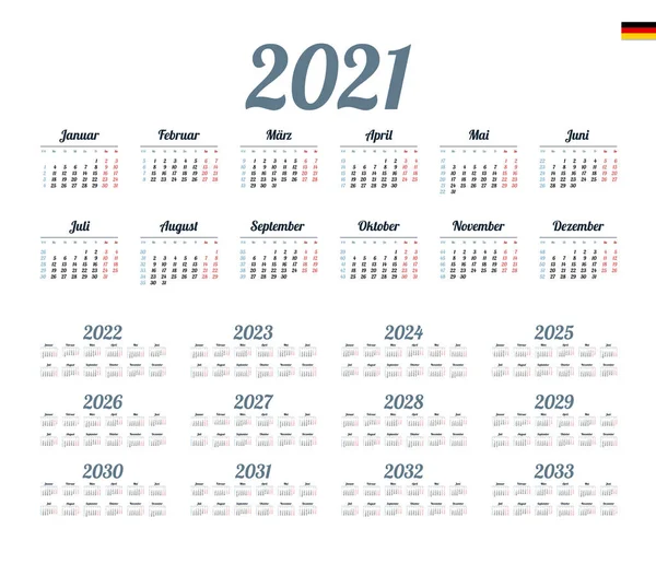 Calendario Alemán Para 2021 2033 Semana Comienza Lunes — Vector de stock