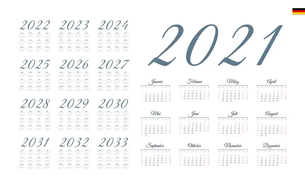 Tysk Kalender För 2021 2033 Veckan Börjar Måndag — Stock vektor