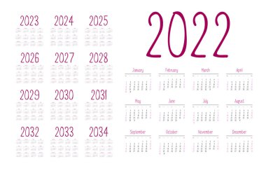 2022-2034 yılları arasında İngilizce takvimi, hafta pazar günü başlar.