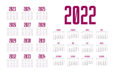 2022-2034 yılları arasında İngilizce takvimi, hafta pazar günü başlar.